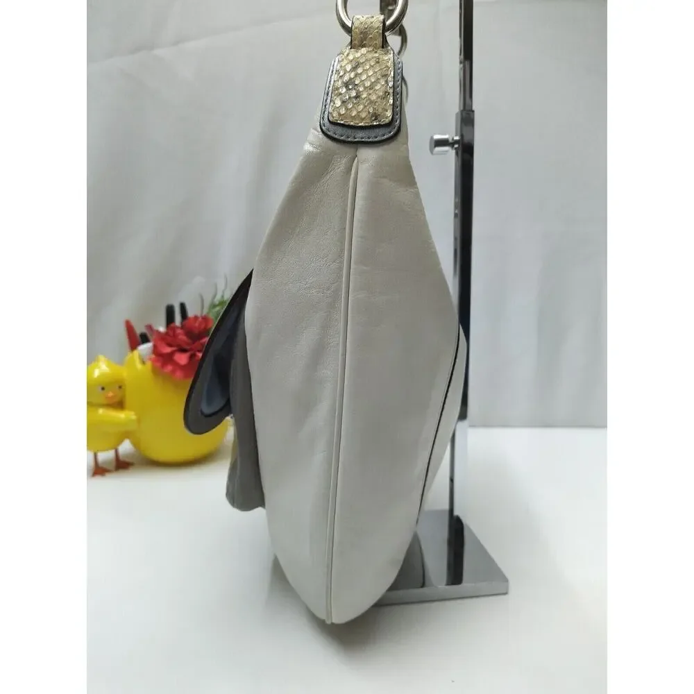 Coach Kristin White Leather Snakeskin Detail Zipper Hobo Shoulder Bag